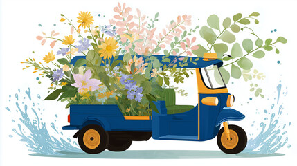 Blossom Tuk Tuk: A whimsical tuk tuk bursts with an abundance of vibrant blooms, evoking feelings of springtime joy and floral delivery.