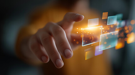 Digital Interface Interaction: A person's hand reaches out to touch and interact with a futuristic digital interface, with floating squares and glowing lights.