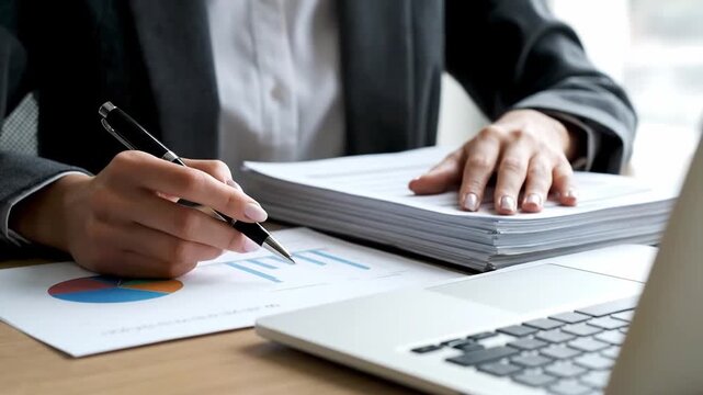 Close-up of a person in a business suit filling out paperwork with a pen on a desk next to a laptop and stacks of documents in a bright office setting.