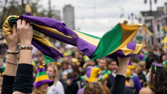 Woman waving a colorful flag high above a crowd at Mardi Gras festival parade, celebrating with a festive and joyful atmosphere