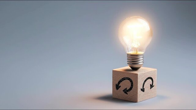 Minimalistic light bulb resting on a block in a creative business lab concept for innovative workspace design and ideas.
