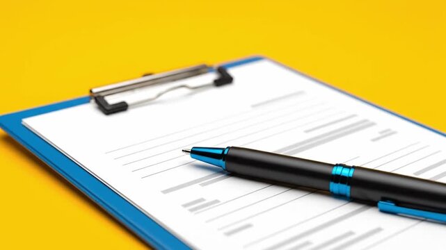 A clipboard with a pen on top of insurance claim paperwork against a vibrant yellow background, conveying a sense of organization.