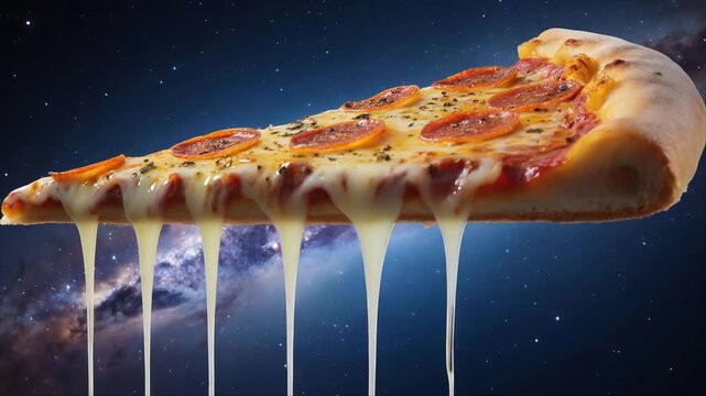 Pepperoni pizza slice dripping cheese in blue outer space. Delicious fast food advertisement with cheesy concept.