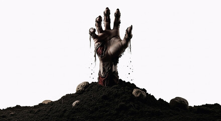 A zombie hand emerges from a pile of dirt and skulls in a haunting and eerie scene