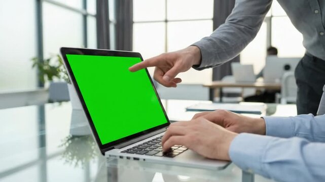 Business people pointing at laptop green screen chroma key in office meeting