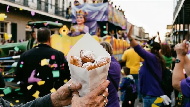 Older woman holding beignets on a street during a festive parade with crowd and confetti