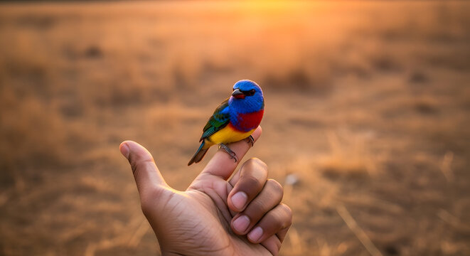A vibrant lovebird with colorful plumage perches gently on a human hand against a serene golden hour sunset backdrop in a peaceful natural setting.