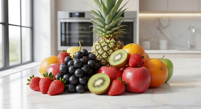 Fresh tropical fruits assortment with pineapple kiwi strawberries oranges apples on white kitchen counter healthy eating lifestyle