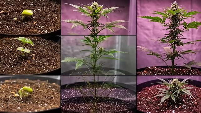 Growing cannabis plants in various stages of development
