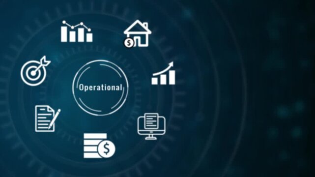 White depicting financial and business concepts such as a computer screen with a document a house with a dollar sign a target a stack of coins a document with a pencil and a bar chart with a line