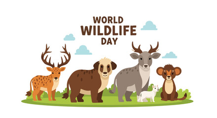 Naklejka premium Flat illustration of various animals on grass for World Wildlife Day with a clean white background and green grass.