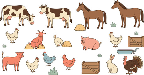 Obraz premium Farm Animal Collection With Cows Horses Pigs Chickens Goats Rabbits Turkeys And Rural Objects In Cute Vector Illustration