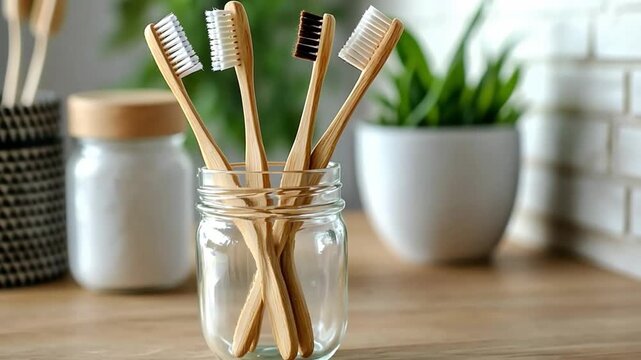 Wooden bamboo toothbrushes in glass jar on wooden shelf, promoting zero waste and sustainable living, a natural hygiene concept
