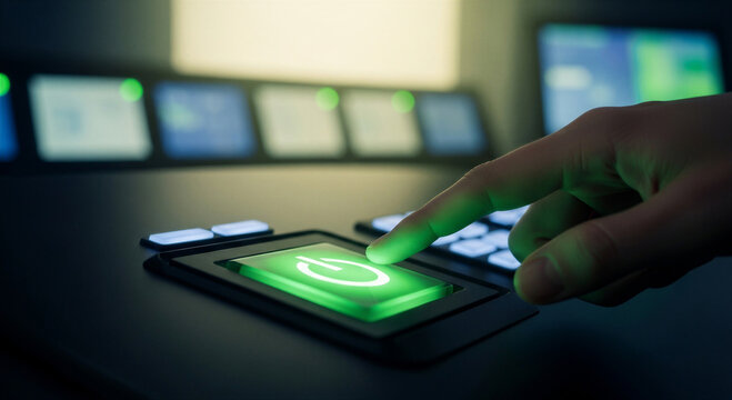 Closeup of a hand pressing a green button on a control panel with illuminated screens in the background