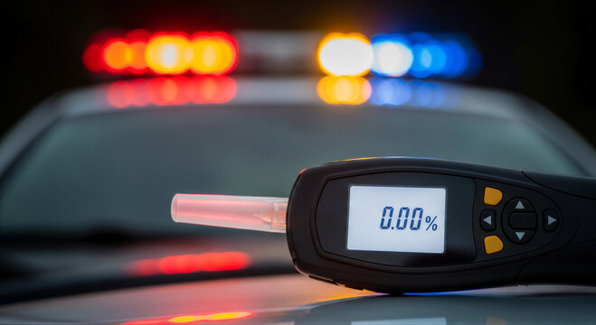 Breathalyzer showing zero percent alcohol on police car hood with flashing lights in background at night