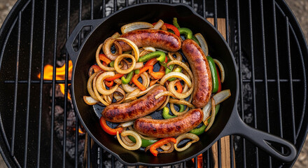 Grilled sausages with colorful vegetables in cast iron skillet on barbecue grill outdoors