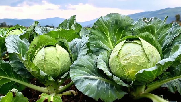 Healthy green cabbages growing in a field.