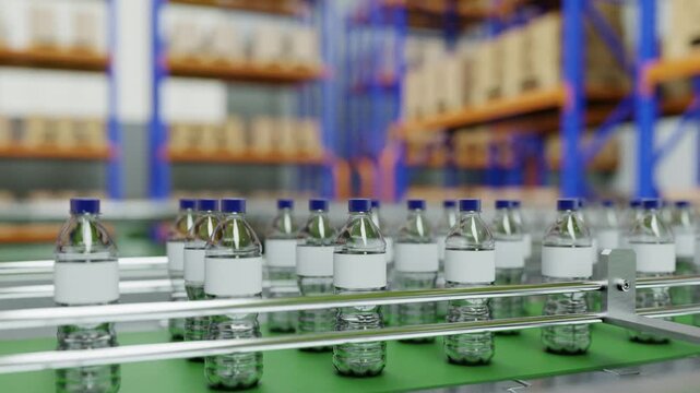 Water bottles on conveyor belt in factory with blurred warehouse background, beverage production line mockup- 3D rendering