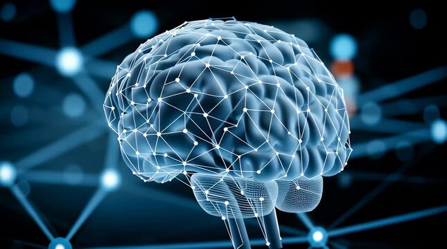 Artificial intelligence brain network quantum computing concept glowing neural connection digital mind data grid abstract blue background neural