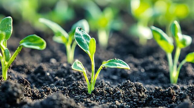 Close up view of green young seedling plant growing on soil. Agriculture concept with small plant sprout in garden.