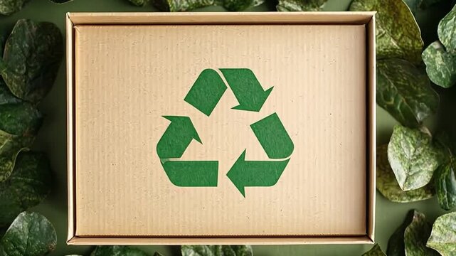 Brown cardboard boxes with green recycle symbol and foliage around. Eco friendly concept for sustainable packaging, earth day.