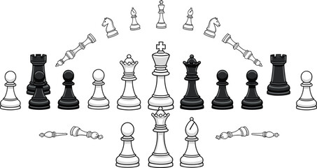 Chess Piece Arrangement Illustration With Black And White Kings Queens Knights Rooks And Pawns In Detailed Line Art Vector Style © MdRazaul