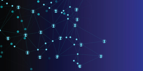 Fototapeta premium Abstract digital network of connected people icons in glowing blue and cyan on a dark blue gradient background, representing social media or global communication