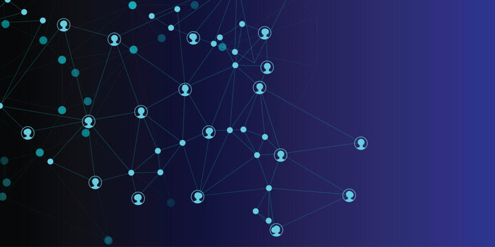 Abstract digital network of connected people icons in glowing blue and cyan on a dark blue gradient background, representing social media or global communication