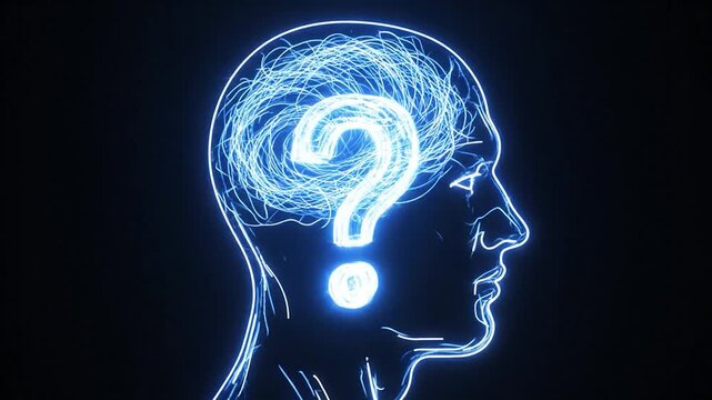 A glowing, stylized human head silhouette with a question mark in the brain area