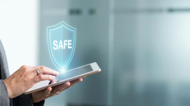 Cyber security shield tablet hand touch safe digital protection quantum computing concept modern office background network data privacy technology