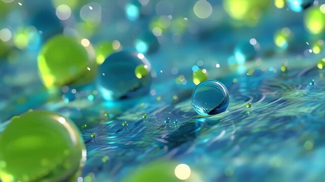 Abstract view of green glass marbles or spheres covered in dew and water drops on a blue surface. 
