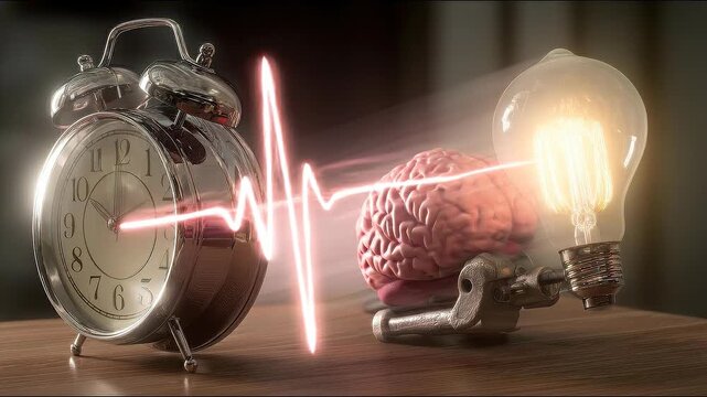 Cognitive momentum map: a clock and brain image illustrating the connection between time and cognitive processes.
