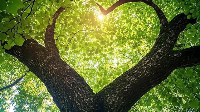 Sunlight shining through green tree leaves forming a heart shape. Nature and environment concept with light rays.