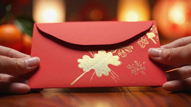 Hands gently grasp a red envelope adorned with gold floral designs, positioned on a wooden table surrounded by soft candlelight and decorative elements, creating a warm festive atmosphere