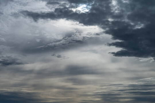 Stormy winter weather sky with patterns of dark and light clouds, as a moody nature background
