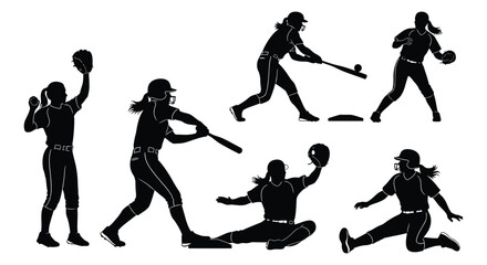 Fototapeta premium Silhouettes of female softball players in various dynamic poses.