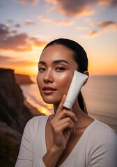 Woman holding blank tube of sunscreen on coastal cliff at sunset, showcasing skincare product with a golden hour glow and serene atmosphere.