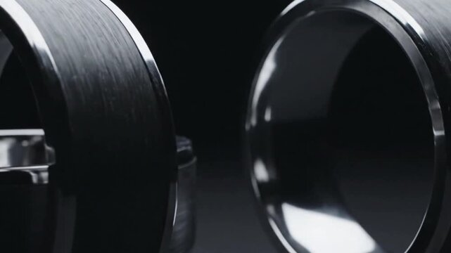 Close up of interlocking metal rings rotating in darkness with dignified cinematic lighting