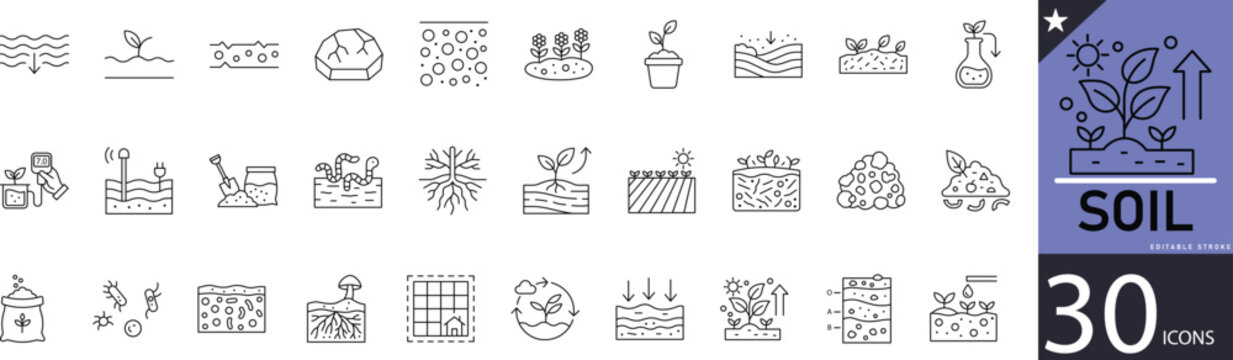  Minimal Soil 30 line icons for earth, ground, farming, planting, roots, nutrients, and soil care. Ideal for agriculture, gardening, sustainability