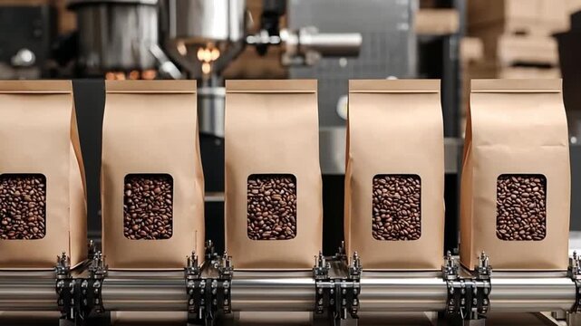 Coffee bean packages moving along conveyor belt. Automated brown paper bag product packaging in a factory.