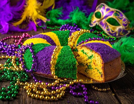 Vibrant Mardi Gras king cake**, bright purple, green, and gold sugar beads, carnival mask and beads scattered on carnival themed backdrop