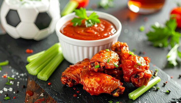 Crisp Buffalo wings with blue cheese dip**, glossy sauce, celery sticks on slate platter with sports fest d&eacute;cor