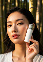 Beautiful asian woman holding white skincare bottle in bamboo forest during golden hour promoting natural beauty and wellness.