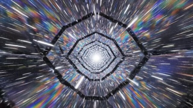 Infinite prism tunnel of transparent light panels refracting cosmic energy with premium sci fi cinematic motion