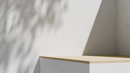 Square wooden podium on white cement wall with leaf shadow copy space. 3d rendering