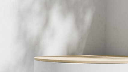 Round wood podium close up on white wall with soft shadow copy space. 3d rendering