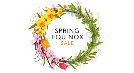Obraz premium Vibrant floral wreath with spring flowers and equinox sale text on white background