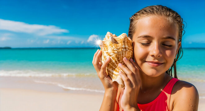 Girl holding shell to ear on beach symbolizing wonder and childhood imagination