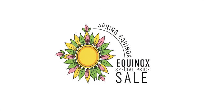 Vibrant spring equinox sale logo with floral sun design and special offer