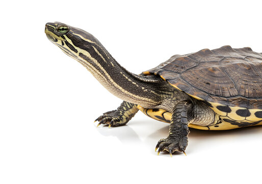 a close-up of a turtle with a long neck and dark brown shell with yellow stripes on a white background, studio lighting